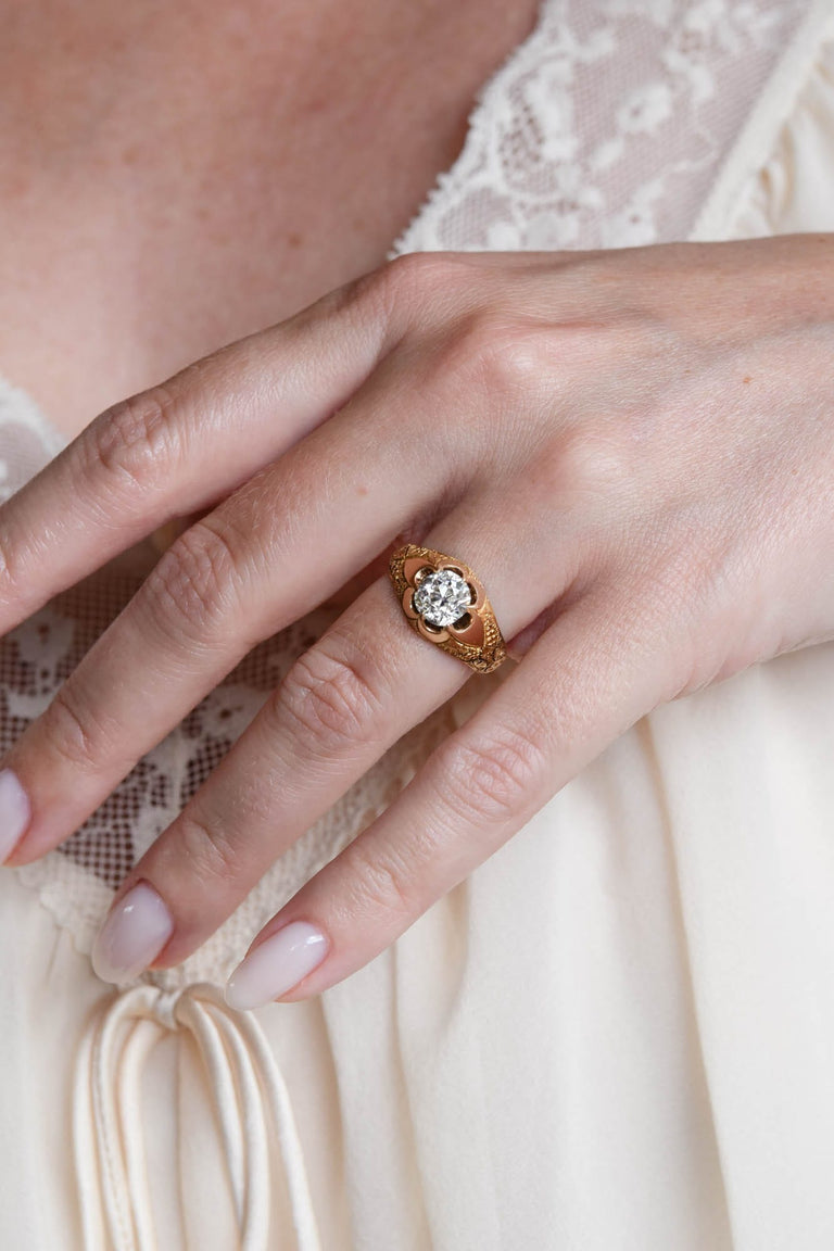 Victorian 1.55 Carat Old European Cut Diamond Engraved 18k Yellow Gold Belcher Antique Engagement Ring