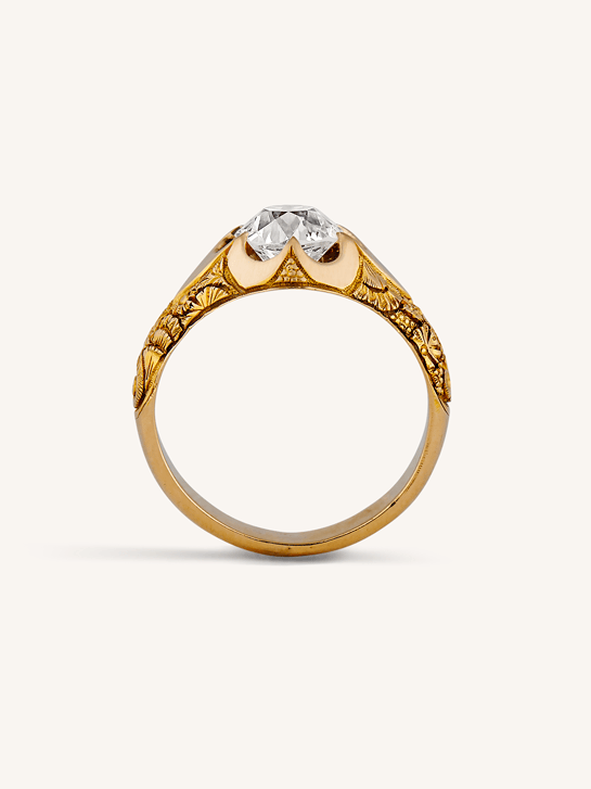 Victorian 1.55 Carat Old European Cut Diamond Engraved 18k Yellow Gold Belcher Antique Engagement Ring