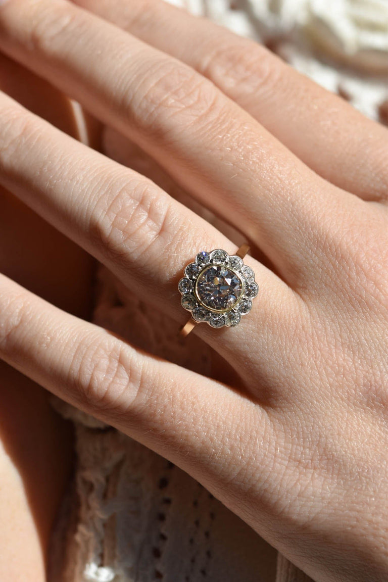 Victorian 1.60 Carat Old Mine Cut Brown Diamond Cluster Antique Engagement Ring on a hand