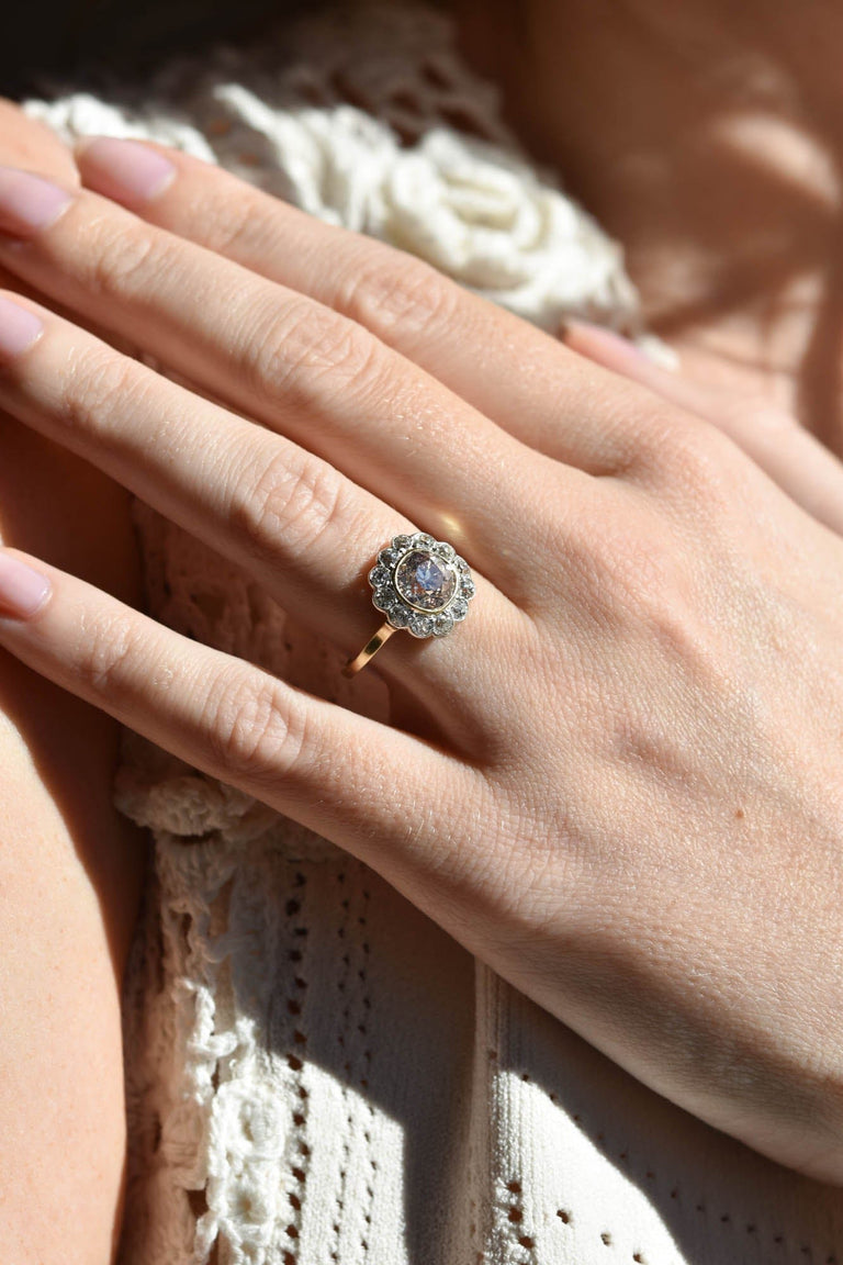 Victorian 1.60 Carat Old Mine Cut Brown Diamond Cluster Antique Engagement Ring on a hand 3
