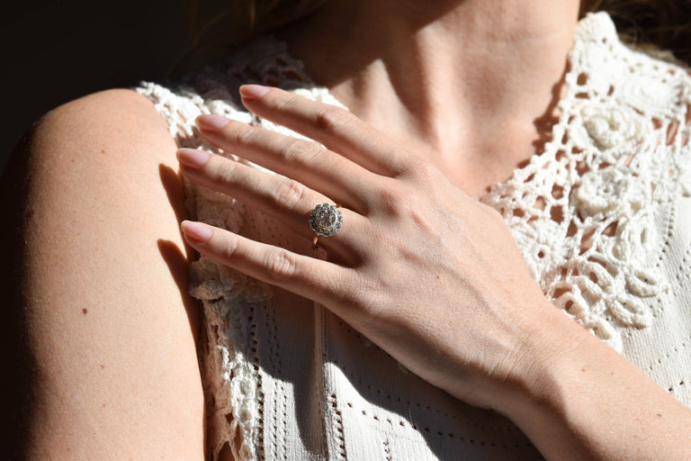 Victorian 1.60 Carat Old Mine Cut Brown Diamond Cluster Antique Engagement Ring on a hand 4