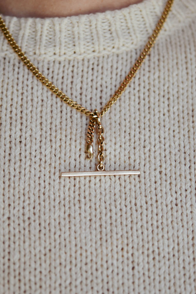 Victorian 14K Yellow Gold Albert Curb Chain Necklace with Original T-Bar and Dog Clip