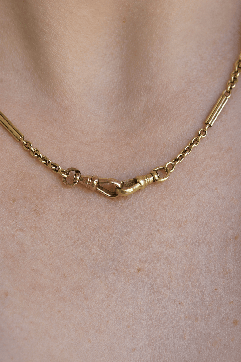 Victorian 14K Yellow Gold Antique Watch Chain Necklace with Double Dog Clips