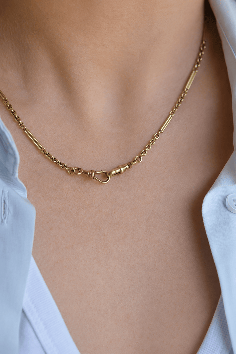 Victorian 14K Yellow Gold Antique Watch Chain Necklace with Double Dog Clips