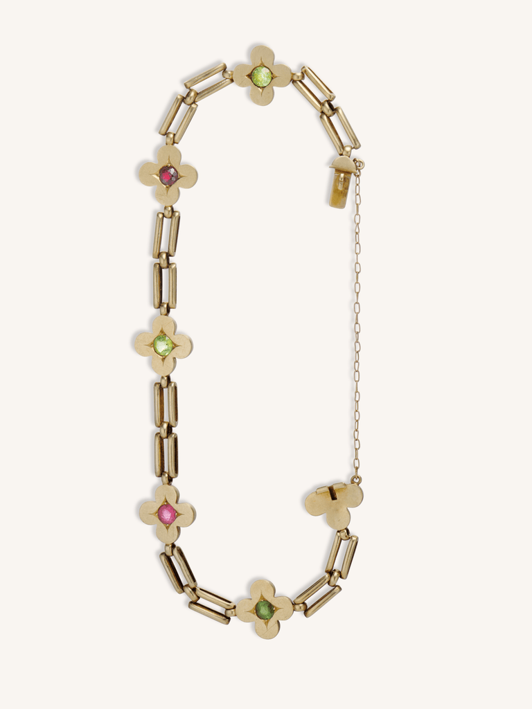 Victorian 14K yellow gold bracelet with gem-set clover motifs and open bar links, 19th-century design - open