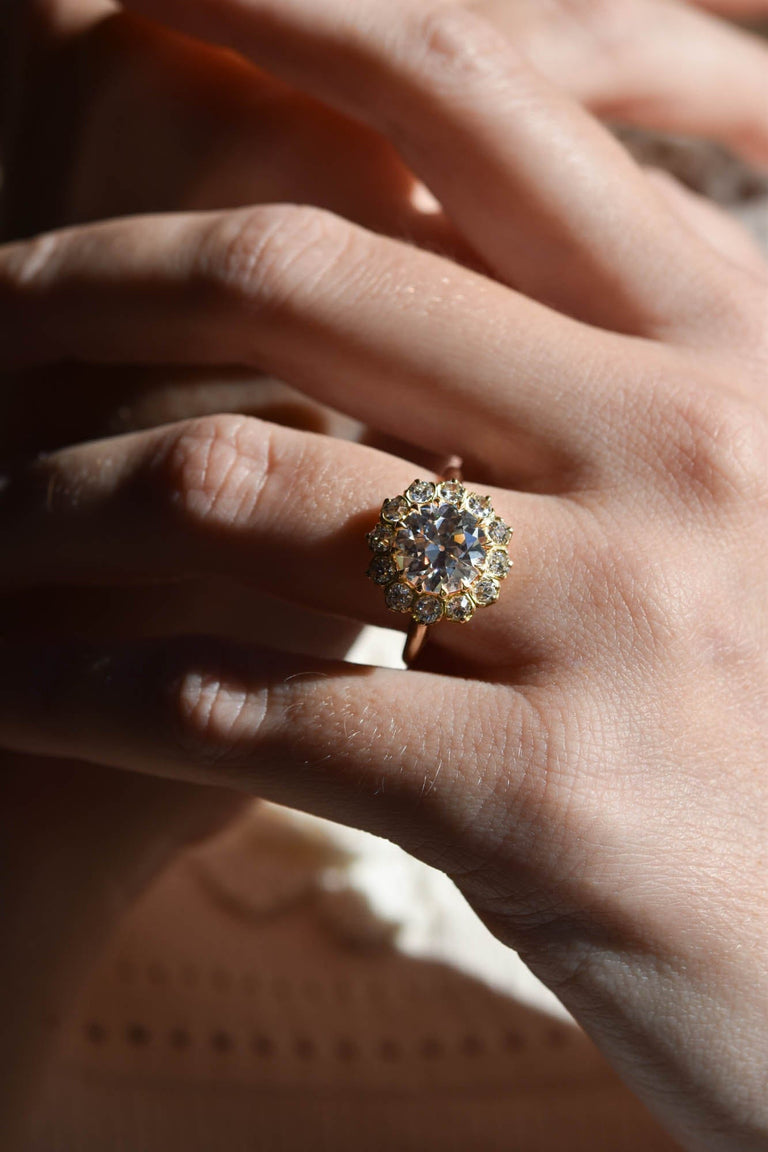 Victorian 2.37 Carat Transitional Cut Diamond Cluster Antique Engagement Ring on a a hand