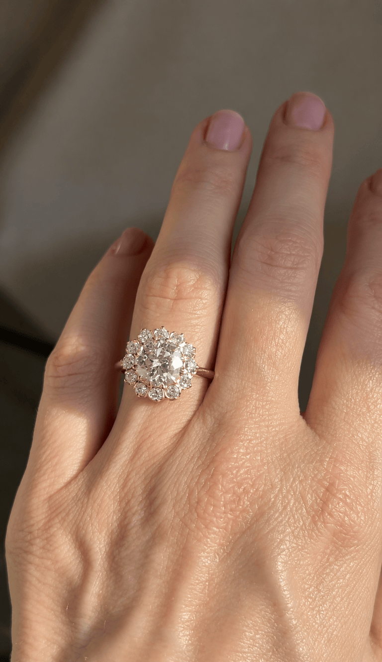 Victorian 2.37 Carat Transitional Cut Diamond Cluster Antique Engagement Ring on a a hand