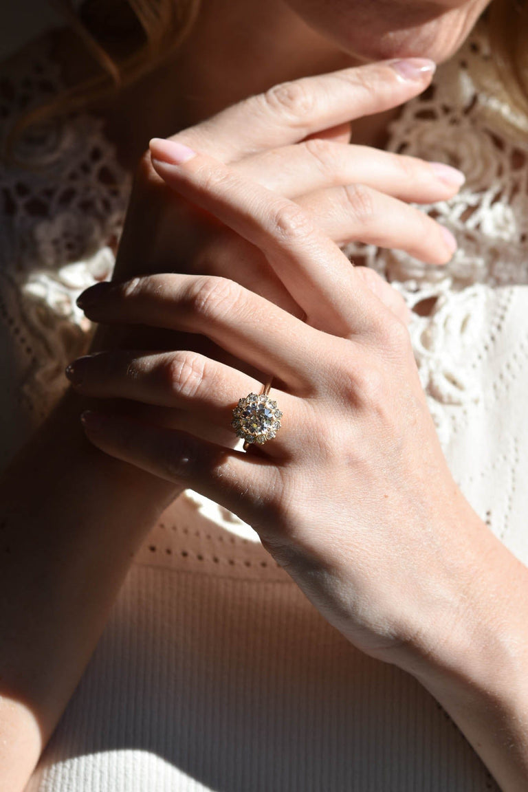 Victorian 2.37 Carat Transitional Cut Diamond Cluster Antique Engagement Ring on a a hand 3