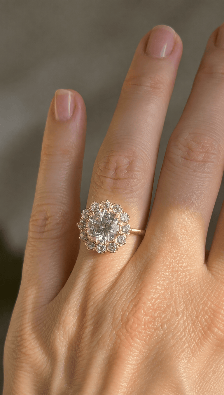 Victorian 2.37 Carat Transitional Cut Diamond Cluster Antique Engagement Ring on a a hand 3