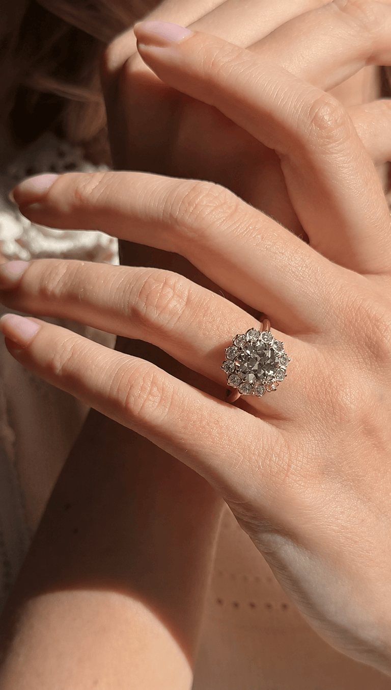 Victorian 2.37 Carat Transitional Cut Diamond Cluster Antique Engagement Ring on a a hand 2
