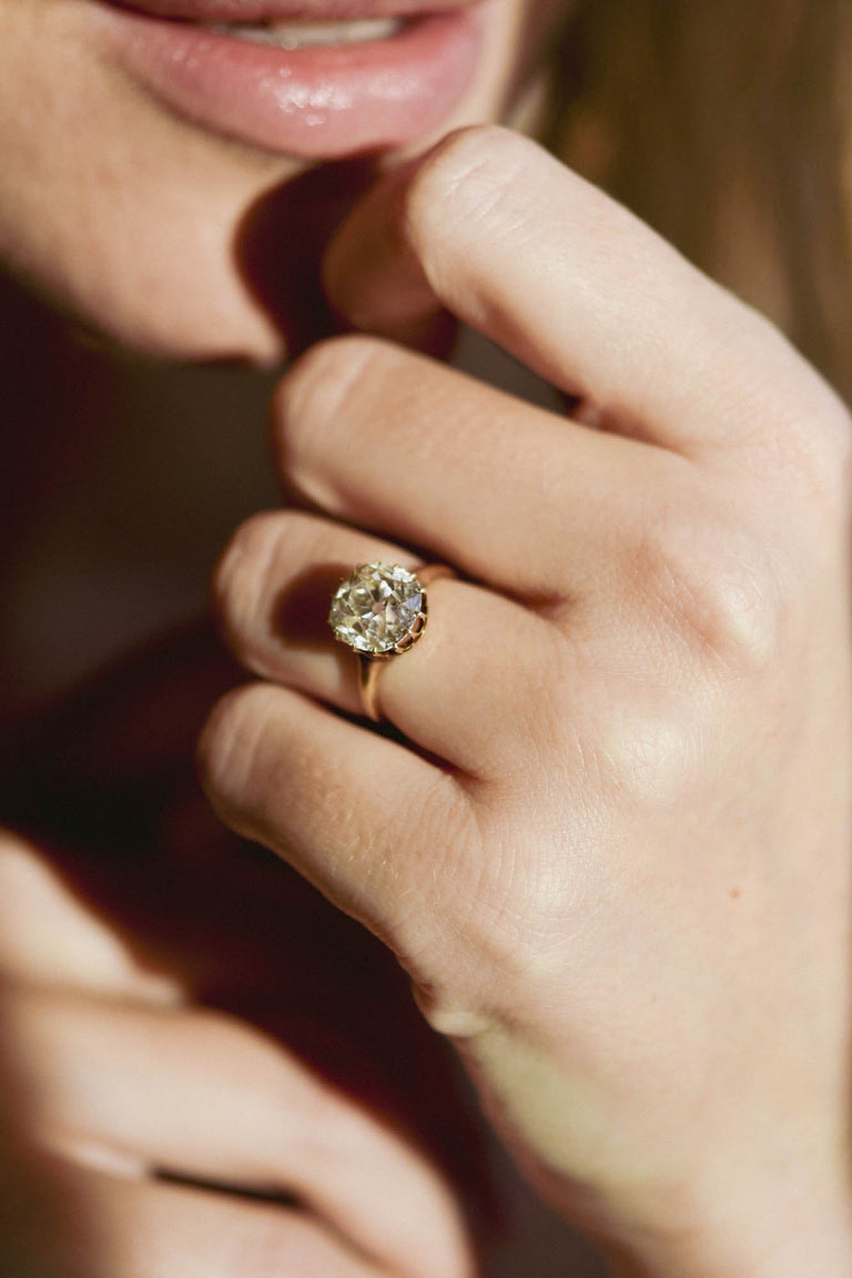 Victorian 3.67 Carat Old Mine Cut Diamond Gold Solitaire Antique Engagement Ring - on a model