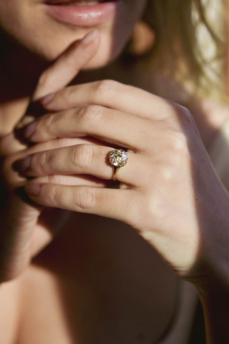 Victorian 3.67 Carat Old Mine Cut Diamond Gold Solitaire Antique Engagement Ring - on a model - 2