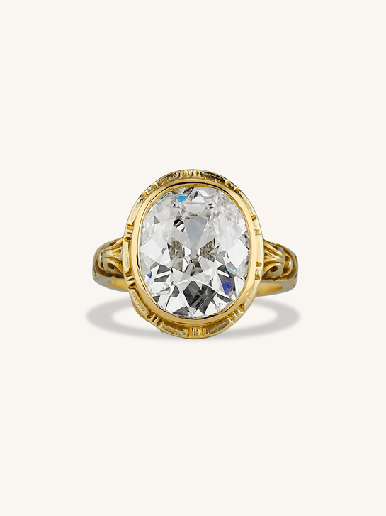 Victorian 5.03 Carat Old Mine Cut Diamond Engraved Yellow Gold Antique Engagement Ring