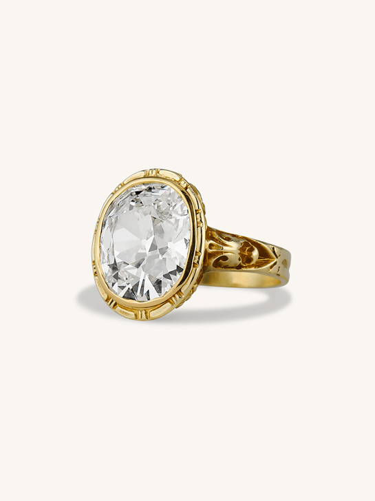 Victorian 5.03 Carat Old Mine Cut Diamond Engraved Yellow Gold Antique Engagement Ring