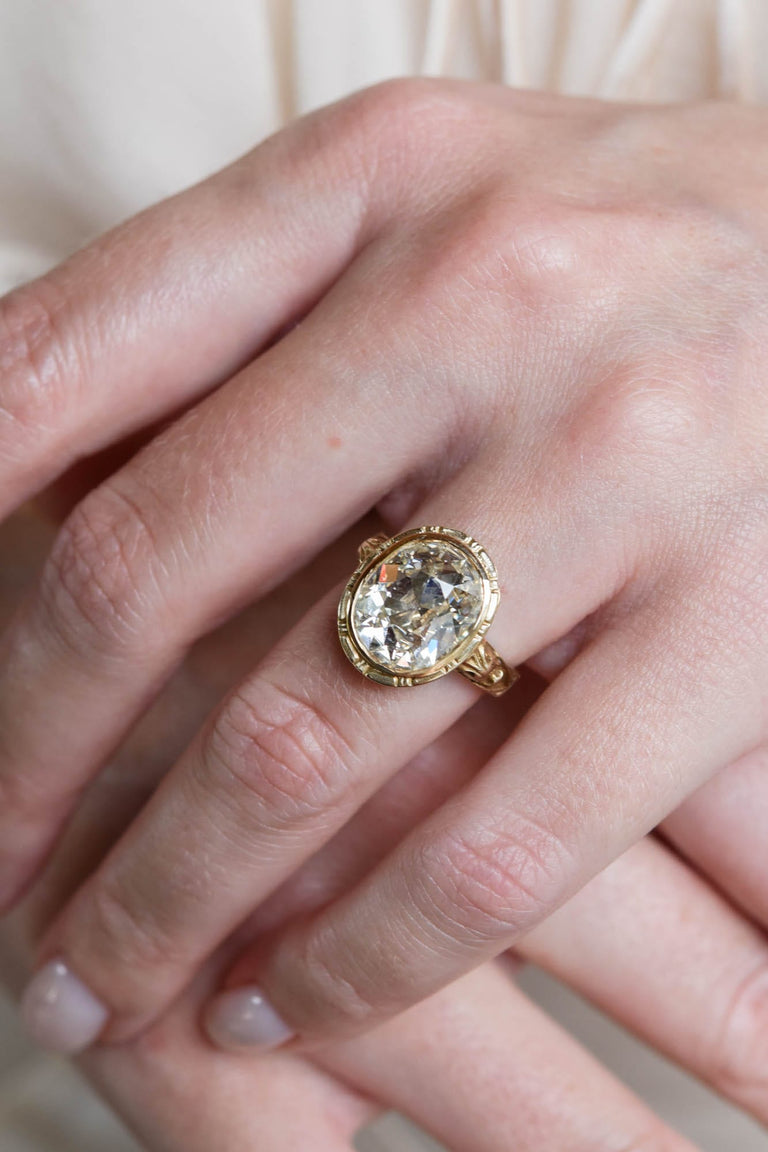 Victorian 5.03 Carat Old Mine Cut Diamond Engraved Yellow Gold Antique Engagement Ring