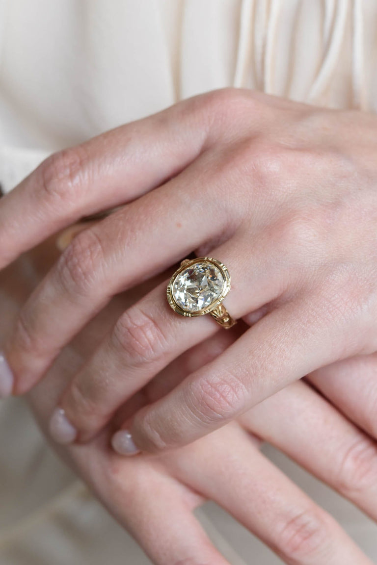 Victorian 5.03 Carat Old Mine Cut Diamond Engraved Yellow Gold Antique Engagement Ring