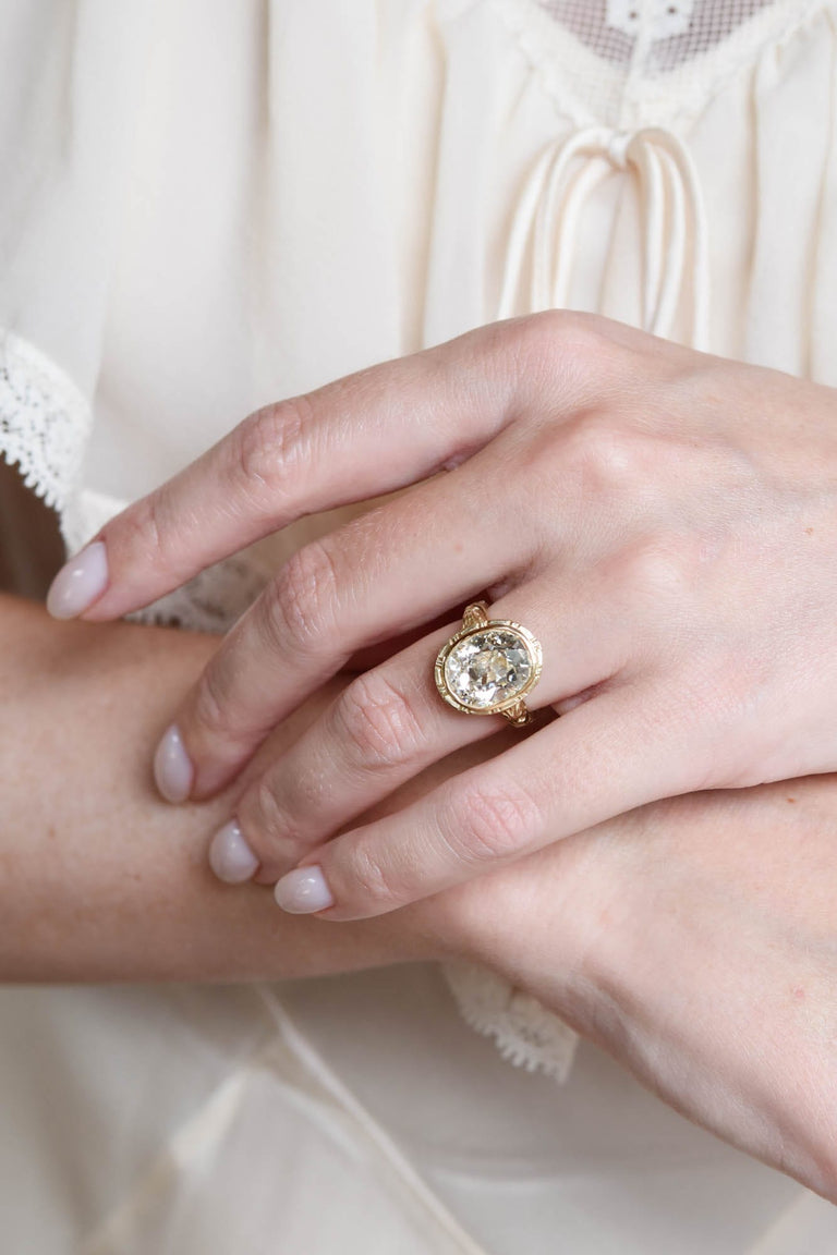 Victorian 5.03 Carat Old Mine Cut Diamond Engraved Yellow Gold Antique Engagement Ring
