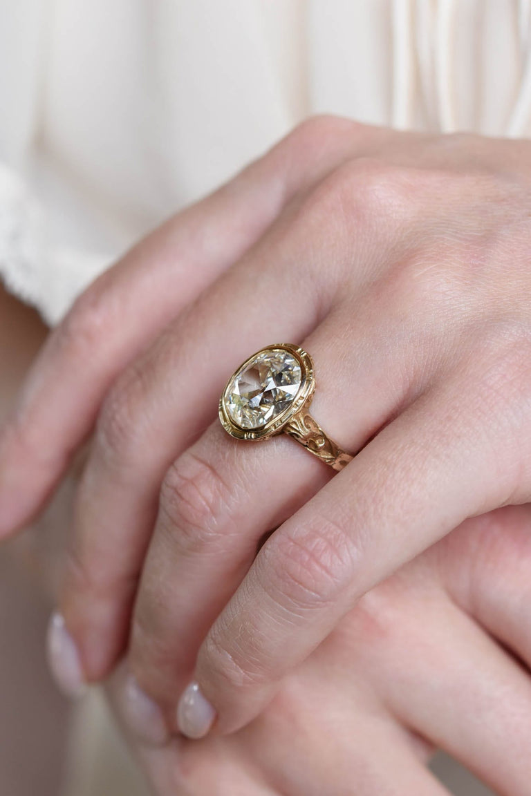 Victorian 5.03 Carat Old Mine Cut Diamond Engraved Yellow Gold Antique Engagement Ring
