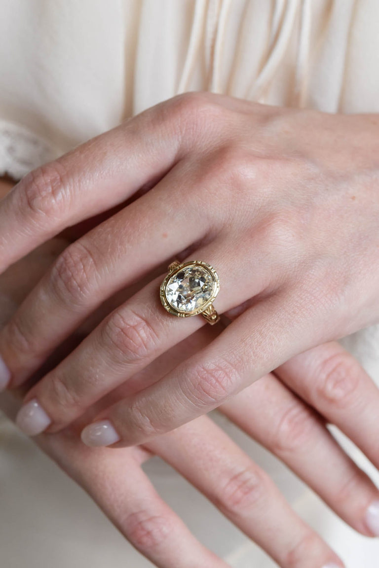 Victorian 5.03 Carat Old Mine Cut Diamond Engraved Yellow Gold Antique Engagement Ring