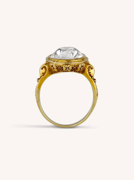 Victorian 5.03 Carat Old Mine Cut Diamond Engraved Yellow Gold Antique Engagement Ring