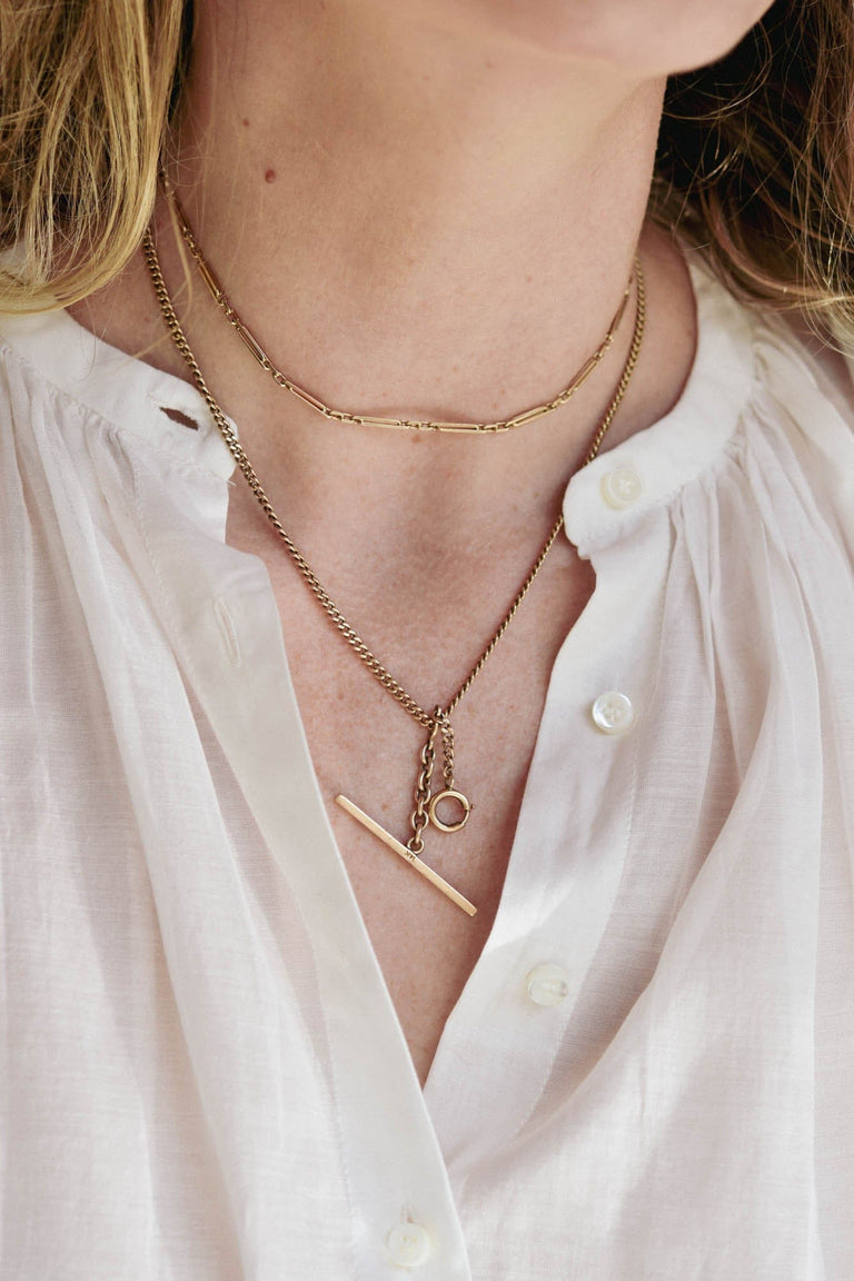 Victorian Antique Yellow Gold Albert Watch Chain Necklace with T-Bar and Dog Clip
