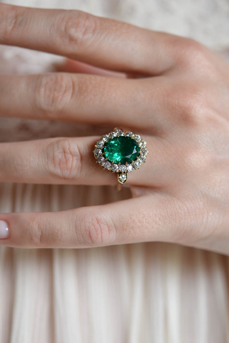 Victorian Colombian Emerald and Diamond Antique Cluster RIng