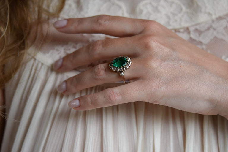 Victorian Colombian Emerald and Diamond Antique Cluster RIng