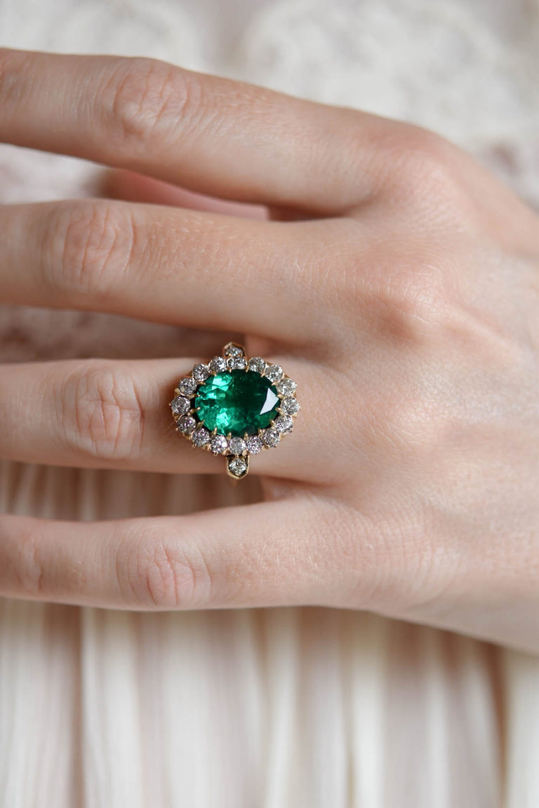 Victorian Colombian Emerald and Diamond Antique Cluster RIng
