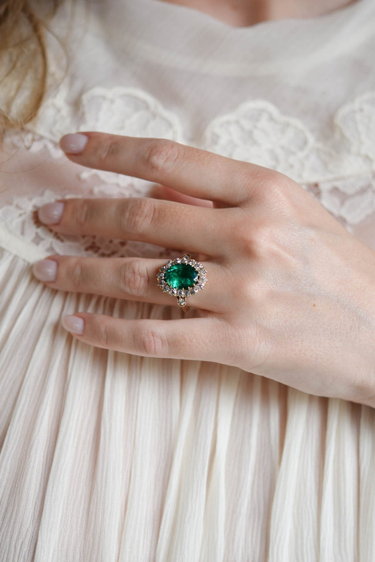 Victorian Colombian Emerald and Diamond Antique Cluster RIng