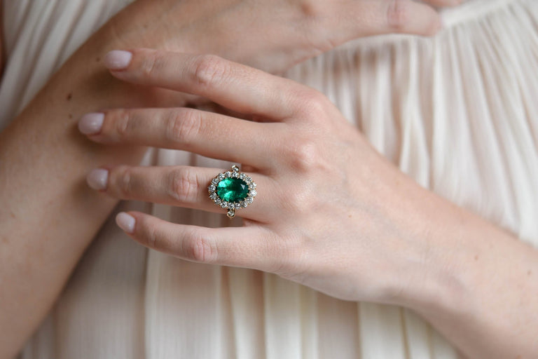 Victorian Colombian Emerald and Diamond Antique Cluster RIng