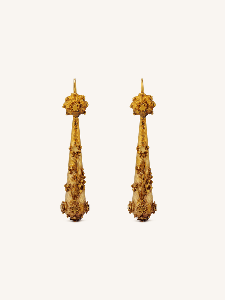 Victorian Etruscan Revival 15K gold dormeuse earrings with granulation and wirework, circa 1860