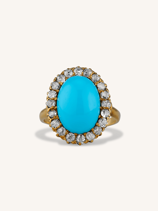 Victorian Oval Turquoise & Old European Cut Diamond Antique Cluster Ring