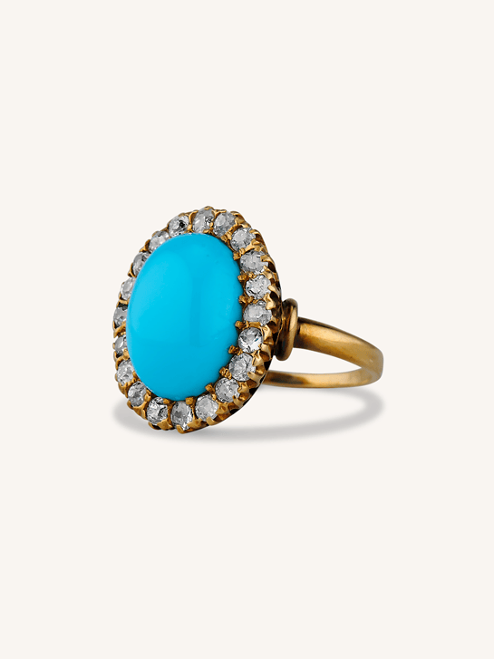 Victorian Oval Turquoise & Old European Cut Diamond Antique Cluster Ring