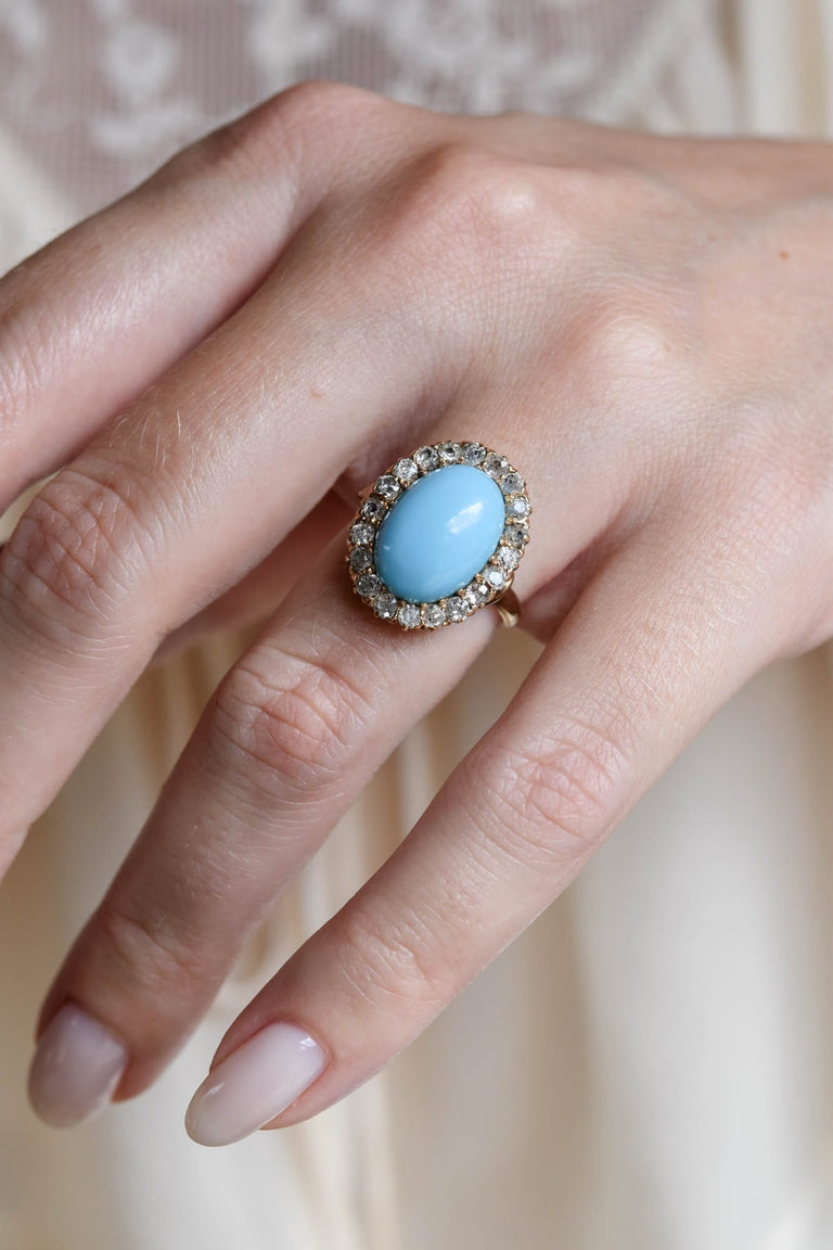 Victorian Oval Turquoise & Old European Cut Diamond Antique Cluster Ring