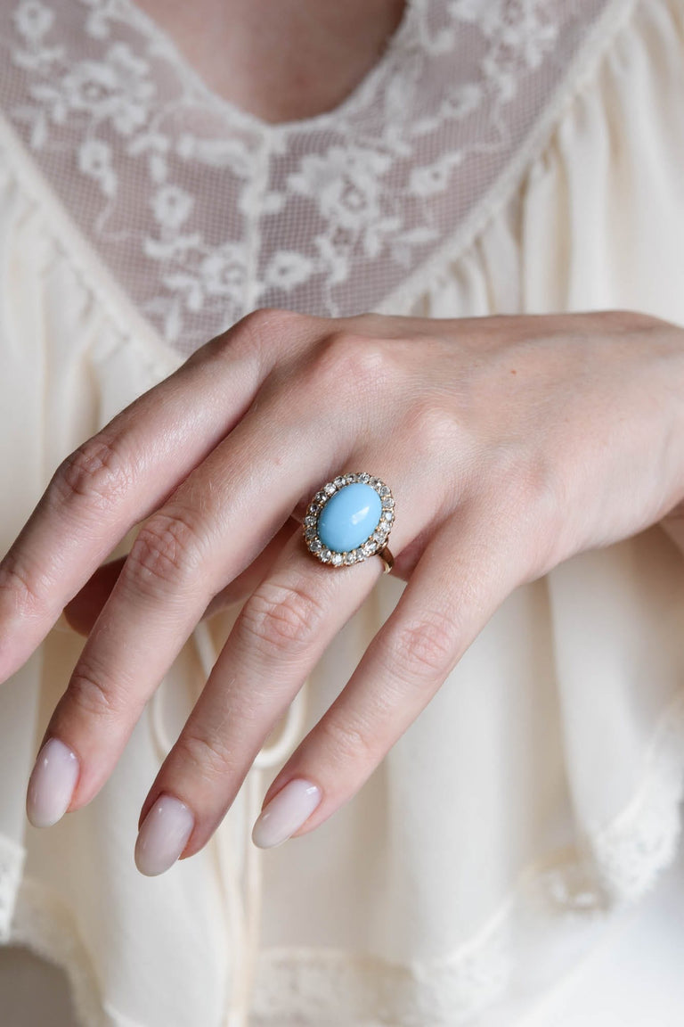 Victorian Oval Turquoise & Old European Cut Diamond Antique Cluster Ring