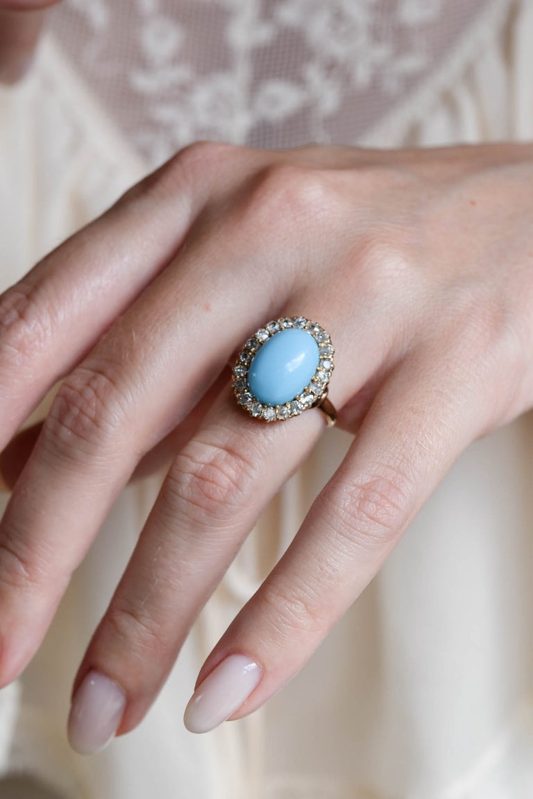 Victorian Oval Turquoise & Old European Cut Diamond Antique Cluster Ring