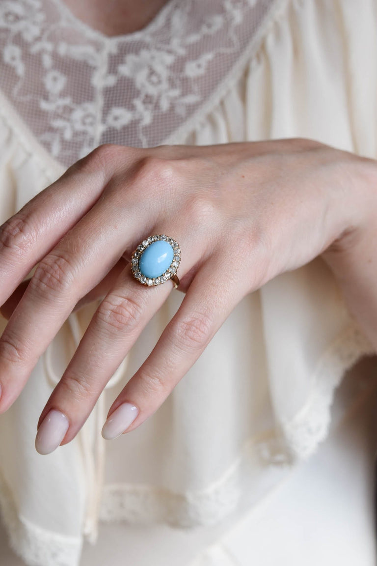 Victorian Oval Turquoise & Old European Cut Diamond Antique Cluster Ring