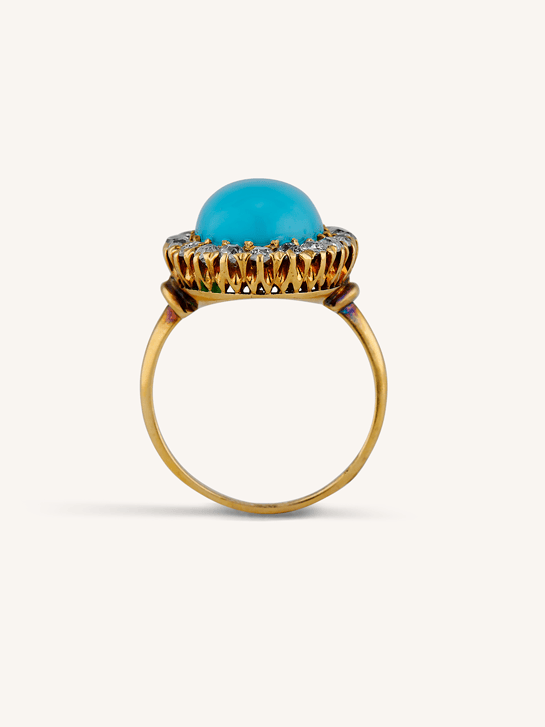 Victorian Oval Turquoise & Old European Cut Diamond Antique Cluster Ring