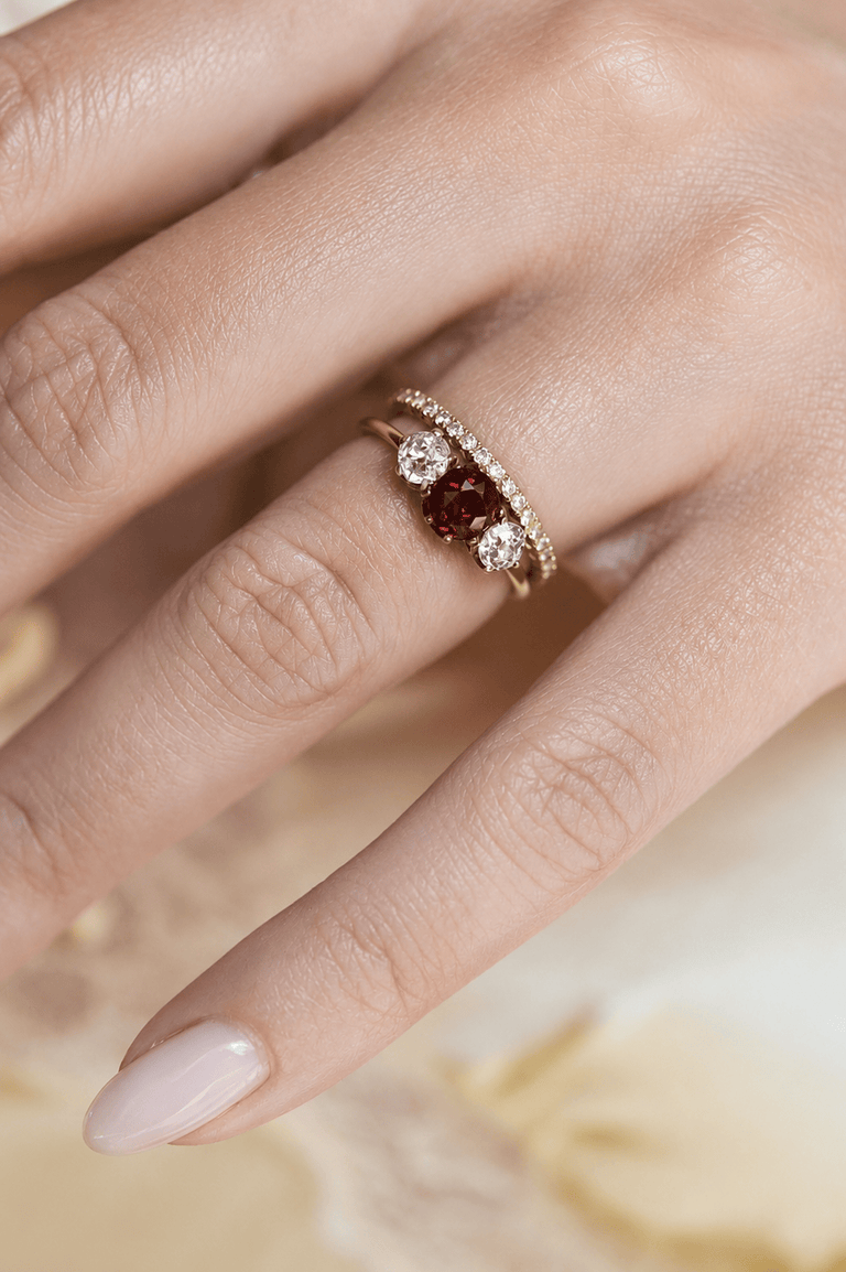 Victorian Red Spinel & Diamond Three Stone Antique Engagement Ring