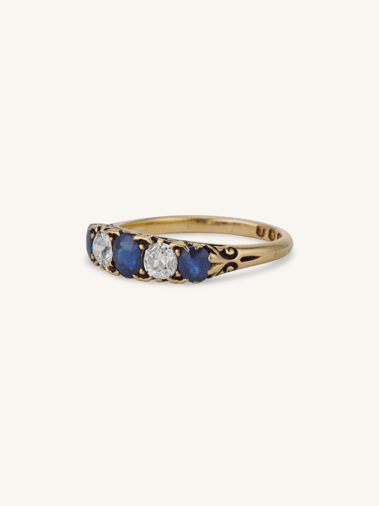 Victorian Sapphire & Diamond Five Stone Carved Half Hoop Antique Ring, England