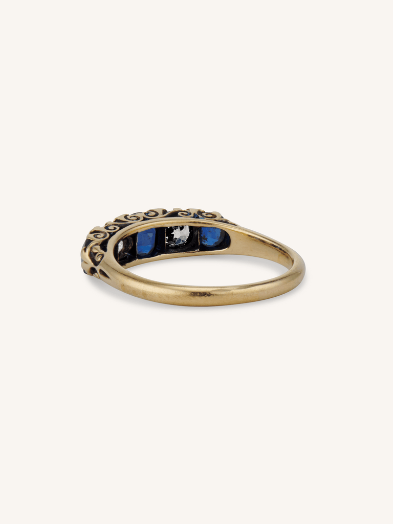 Victorian Sapphire & Diamond Five Stone Carved Half Hoop Antique Ring, England