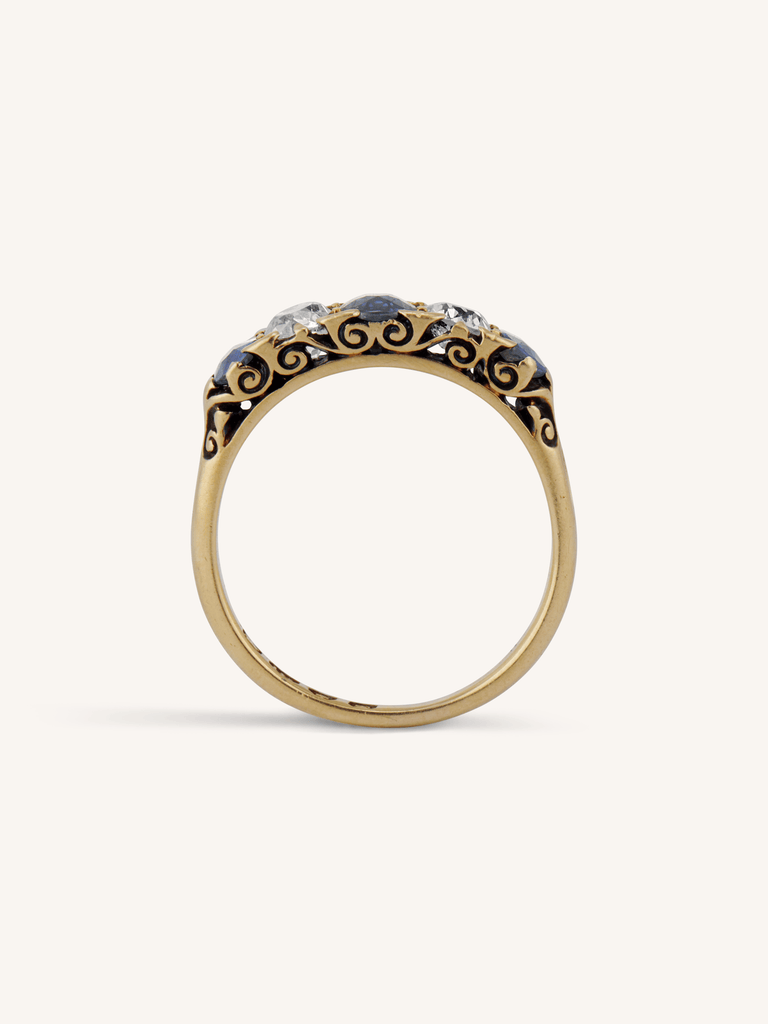 Victorian Sapphire & Diamond Five Stone Carved Half Hoop Antique Ring, England