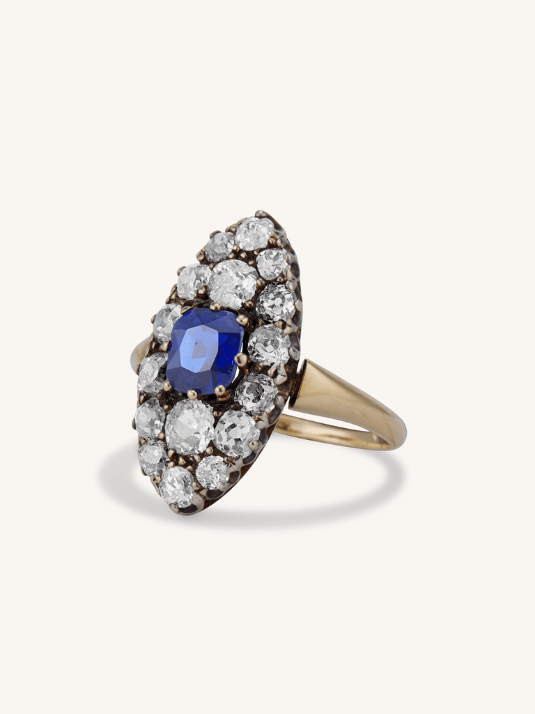 Victorian Sapphire & Old Mine Cut Diamond Navette Antique Ring