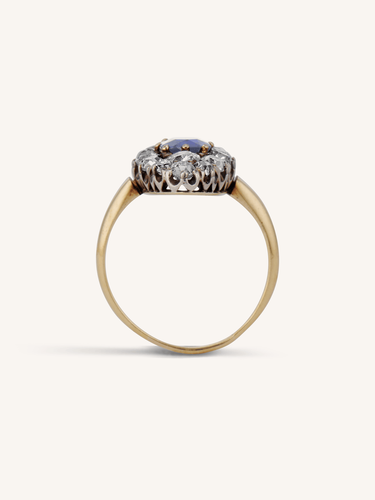 Victorian Sapphire & Old Mine Cut Diamond Navette Antique Ring
