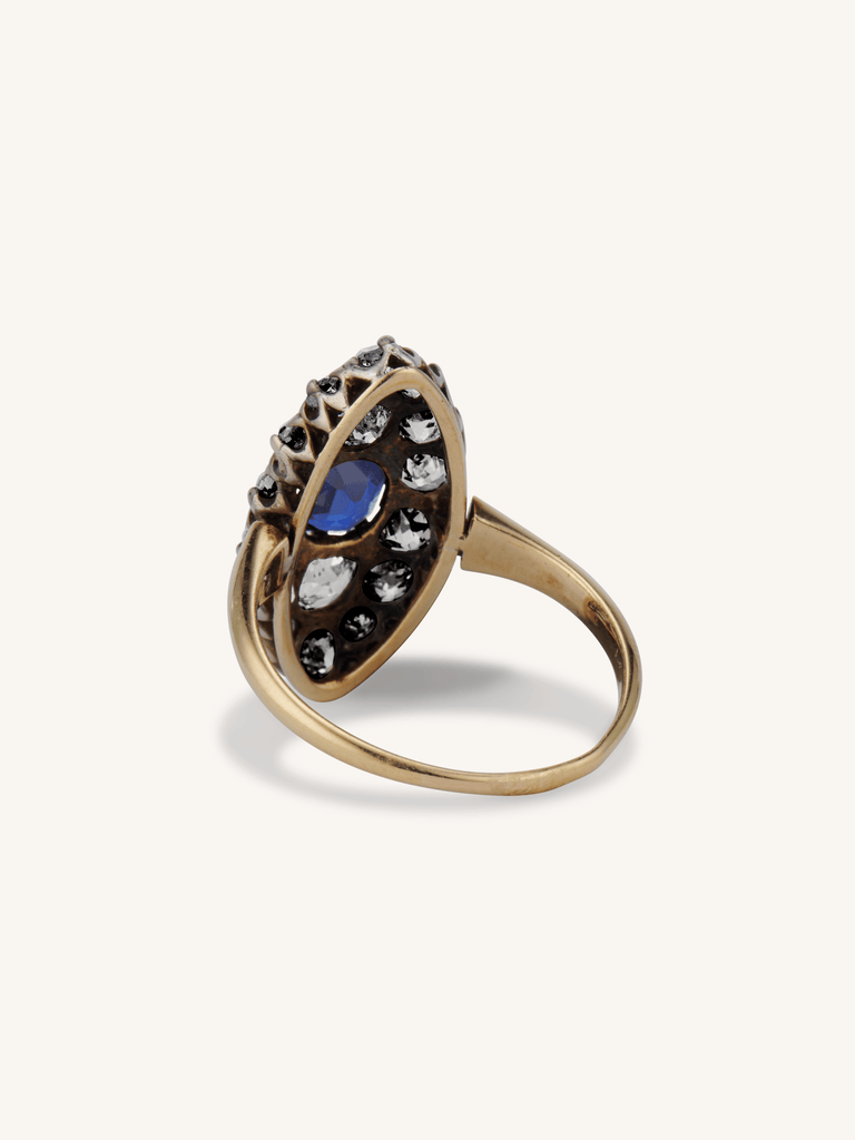 Victorian Sapphire & Old Mine Cut Diamond Navette Antique Ring