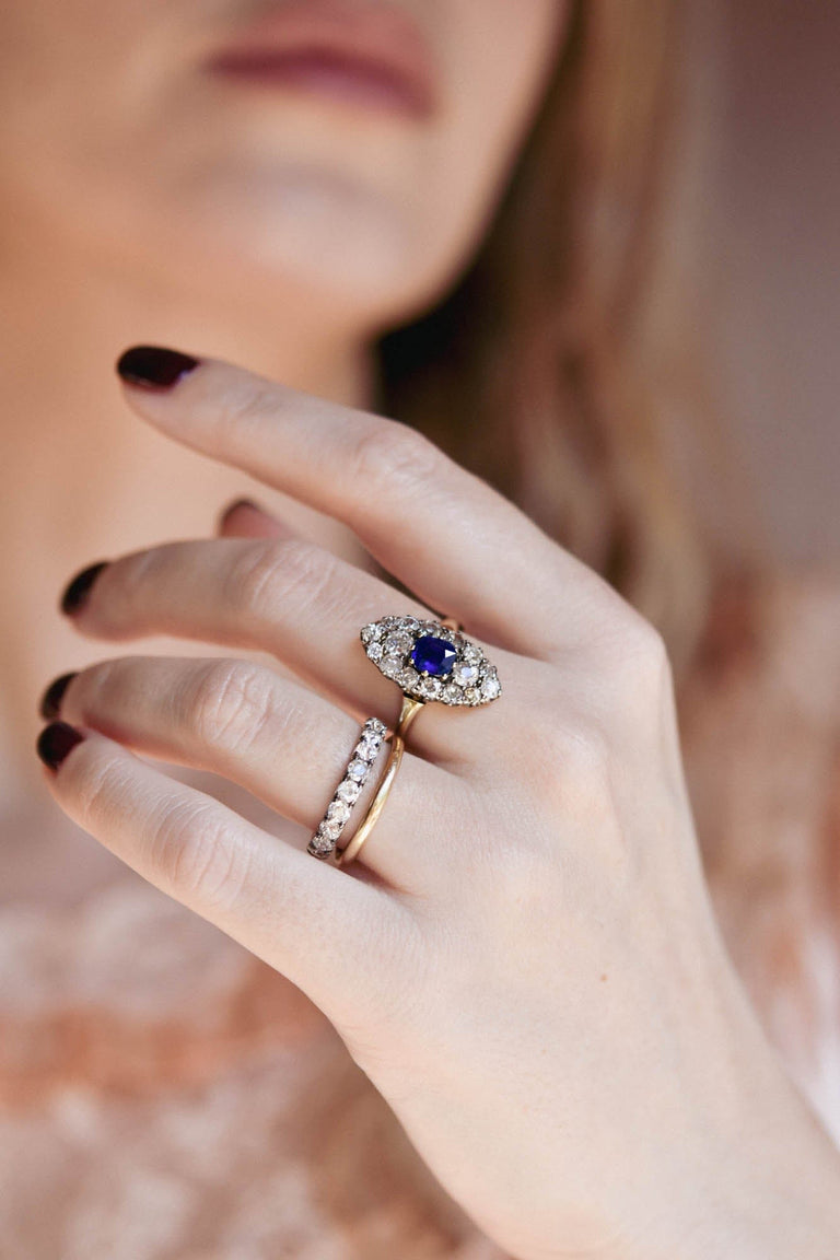Victorian Sapphire & Old Mine Cut Diamond Navette Antique Ring