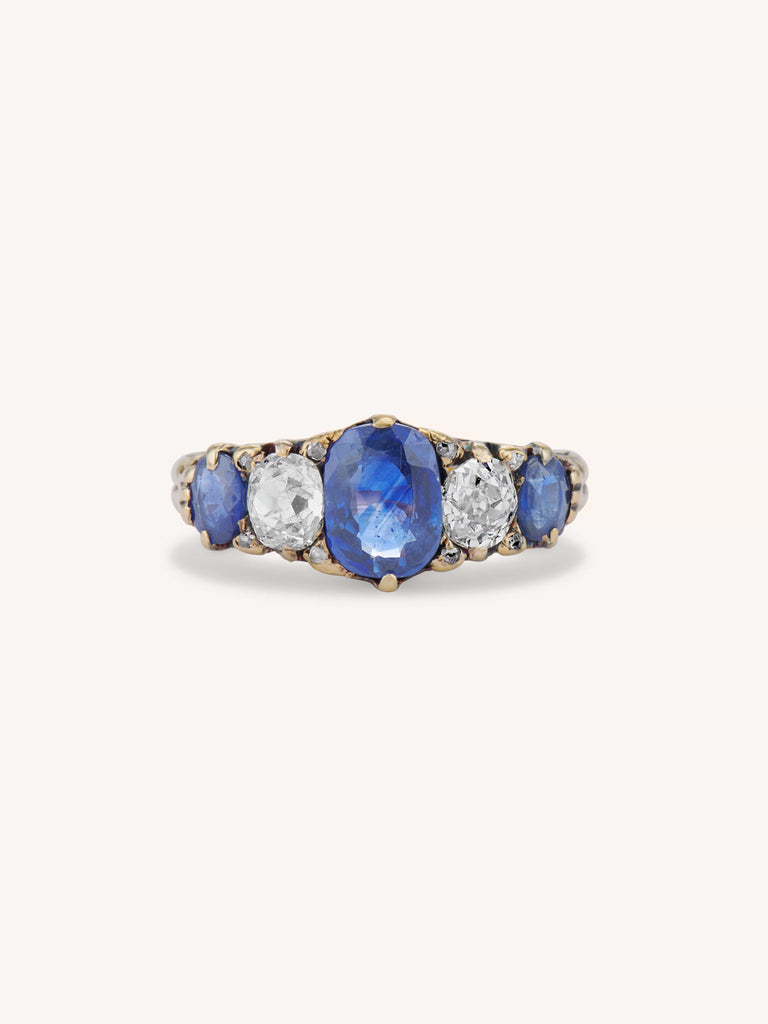 Victorian Sapphire and Old Mine Diamond Five Stone 18K Yellow Gold Ring