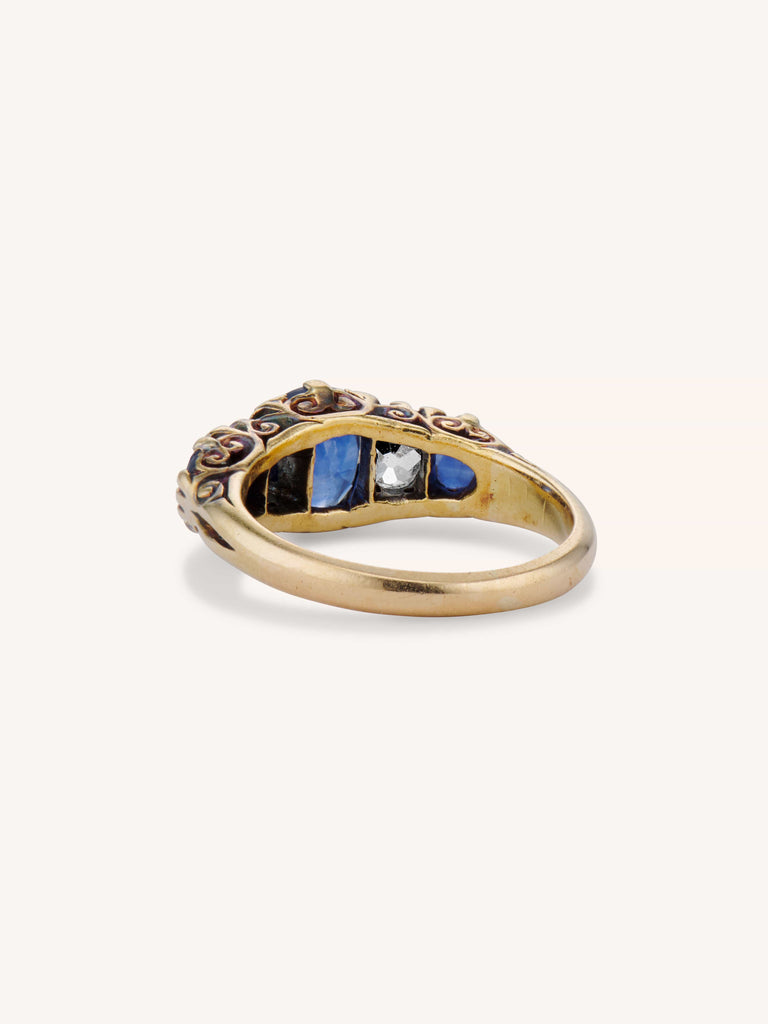 Victorian Sapphire and Old Mine Diamond Five Stone 18K Yellow Gold Ring