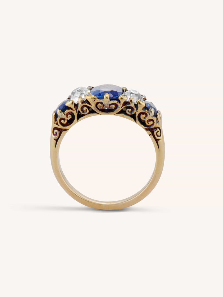 Victorian Sapphire and Old Mine Diamond Five Stone 18K Yellow Gold Ring