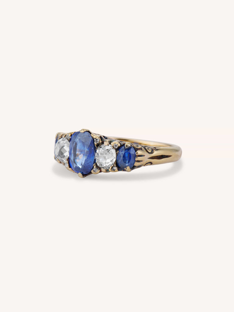 Victorian Sapphire and Old Mine Diamond Five Stone 18K Yellow Gold Ring